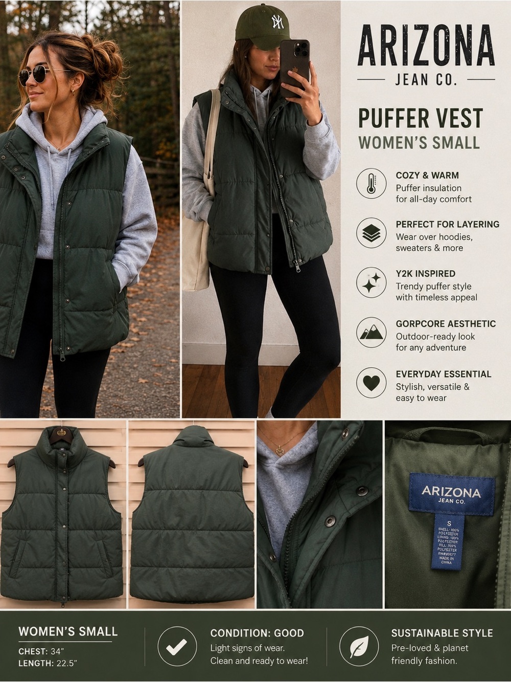 Arizona Jean Co. Women’s Olive Green Puffer Vest Quilted Y2K Cozy Layering Small